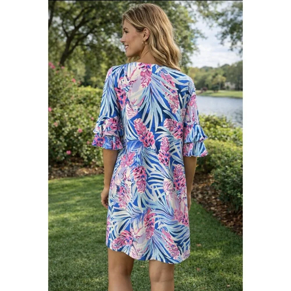Lilly Pulitzer Dress M Blue Pink White Stretch Shift Short Ruffle Sleeve - Picture 2 of 13